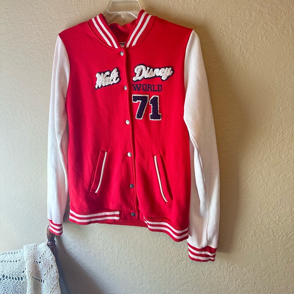 Disney Varsity Letterman Jacket Unisex L Youth Red Retro Embroidered Patches